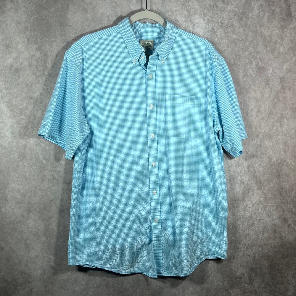 L.L.‎ Bean Shirt Mens Large Blue Plaid Seersucker Button Down Traditional Fit